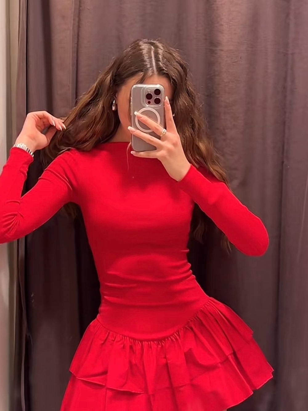 Zara Red Long-Sleeve Ruffled Mini Dress
